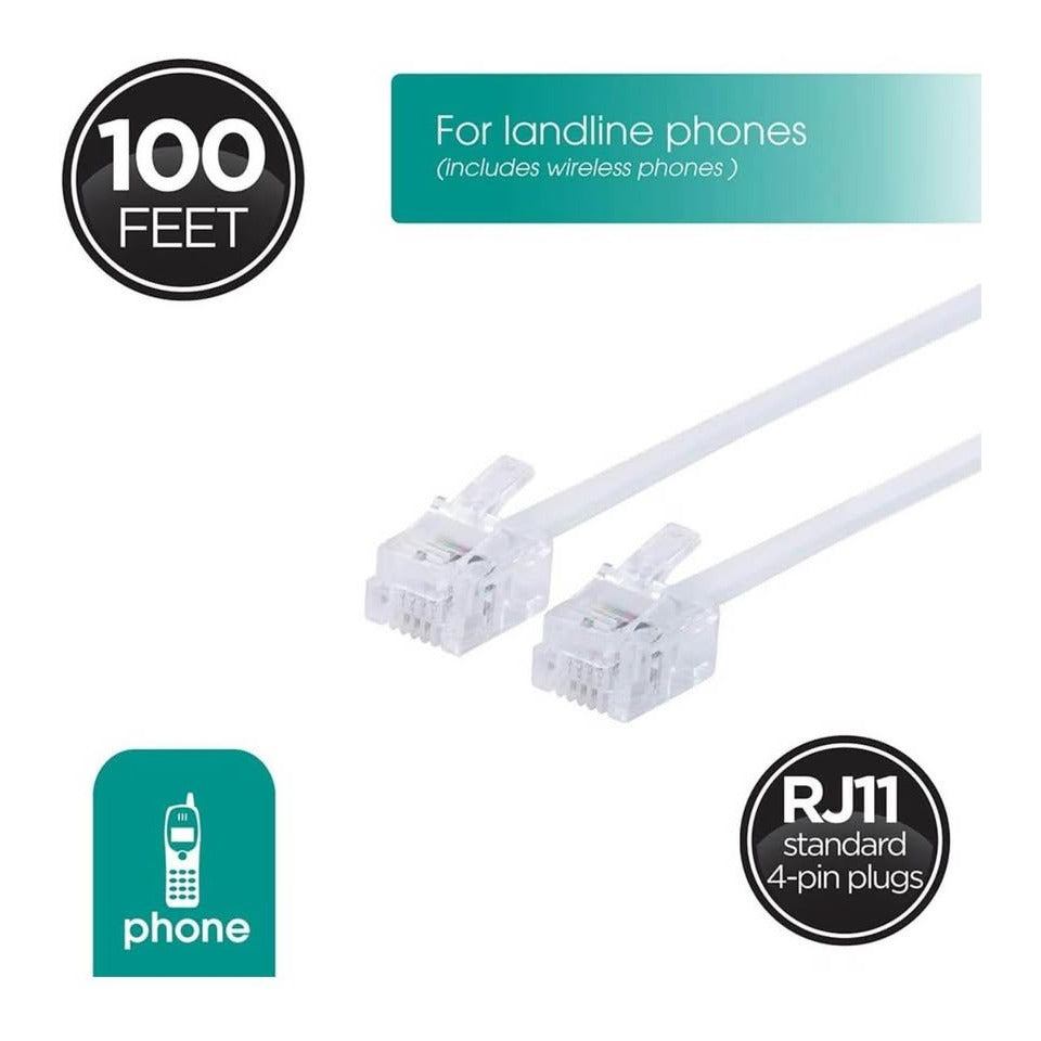 Power Gear Telephone Line Cord, 100 Feet, Phone Cord, Modular Jack Ends, Works for Phone, Modem or F