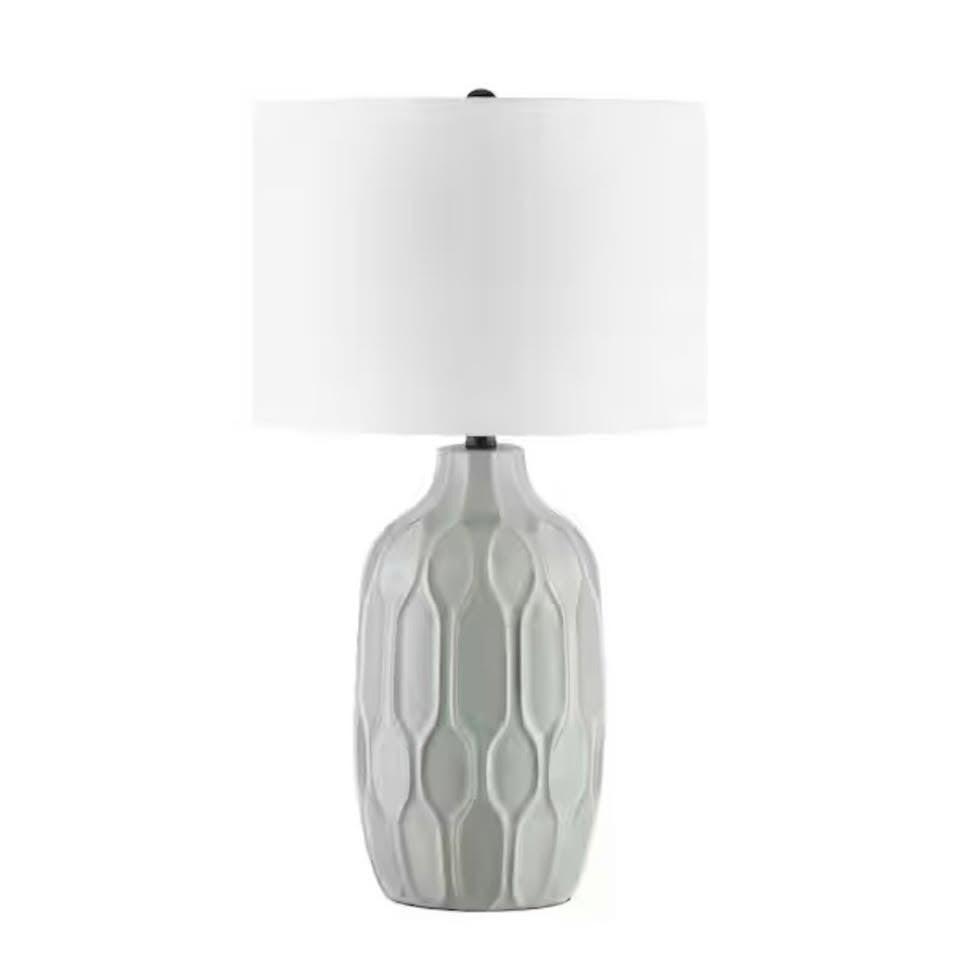 Hampton Bay Dunbarton grey ceramic table lamp with beige fabric shade and rotary switch