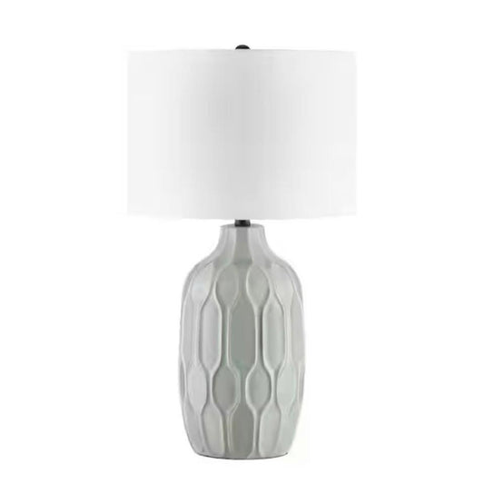 Hampton Bay Dunbarton grey ceramic table lamp with beige fabric shade and rotary switch