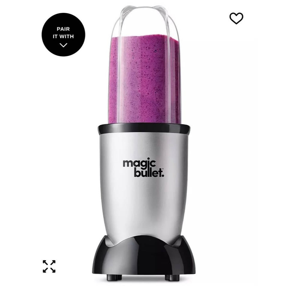 Magic Bullet 3 Piece personal blender in silver with tall cup and recipe guide compact and powerful