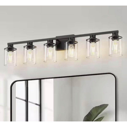 40 in. 5-Light Black Bathroom Vanity Light with clear glass shades mounted over bathroom mirror