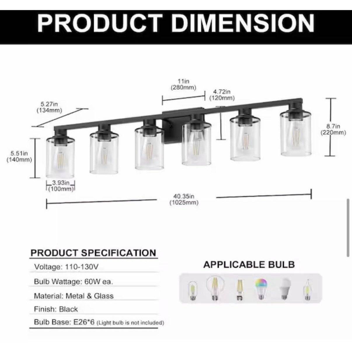 YANSUN 40 in. 5-Light Black Bathroom Vanity Light, Modern Bathroom Light Fixture