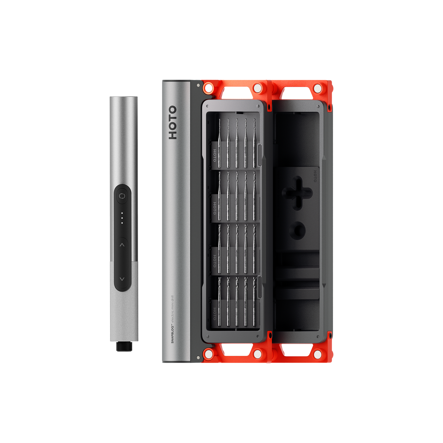 SNAPBLOQ™ D-A03 electric mini drill set with brushless motor, adjustable speed, LED light, and compact design with drill bits case.