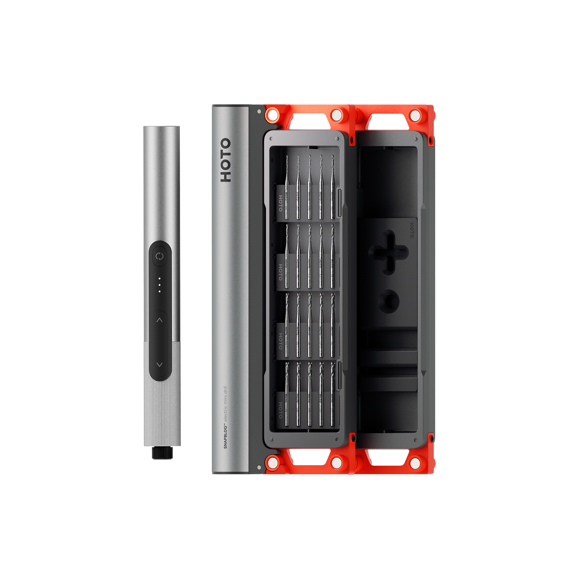 SNAPBLOQ™ D-A03 electric mini drill set with brushless motor, adjustable speed, LED light, and compact design with drill bits case.
