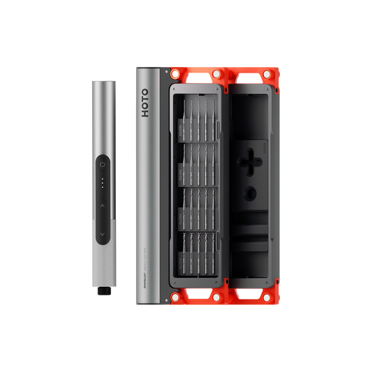 SNAPBLOQ™ D-A03 electric mini drill set with brushless motor, adjustable speed, LED light, and compact design with drill bits case.