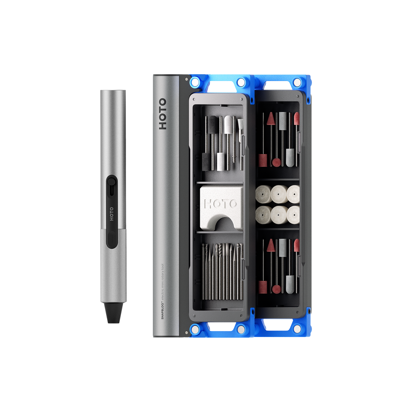 SNAPBLOQ™ R-A04 electric mini rotary tool kit with brushless motor, stepless speed control, cordless and corded operation, ergonomic lightweight design, and multiple accessory bits in a compact case.