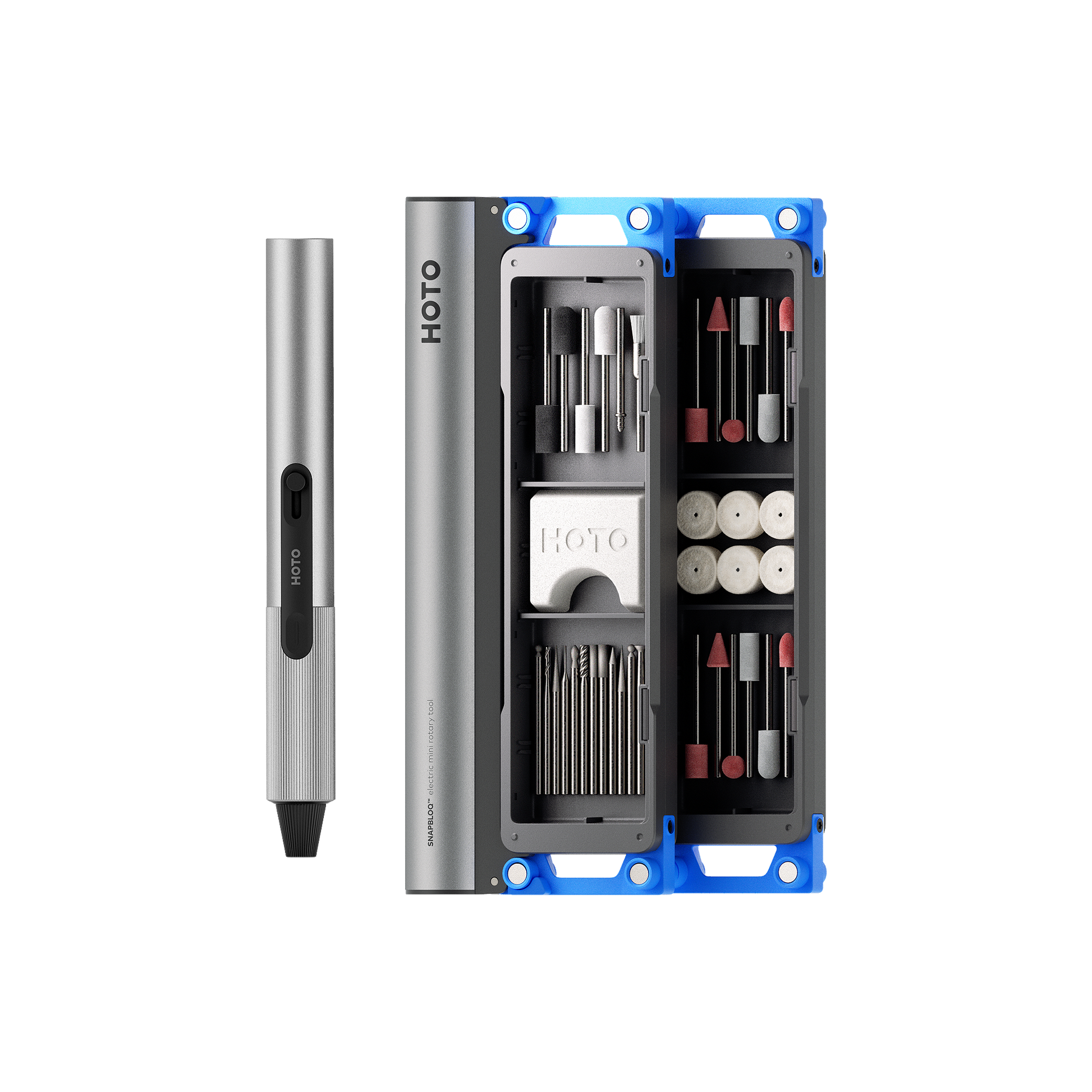 SNAPBLOQ™ R-A04 electric mini rotary tool kit with brushless motor, stepless speed control, cordless and corded operation, ergonomic lightweight design, and multiple accessory bits in a compact case.