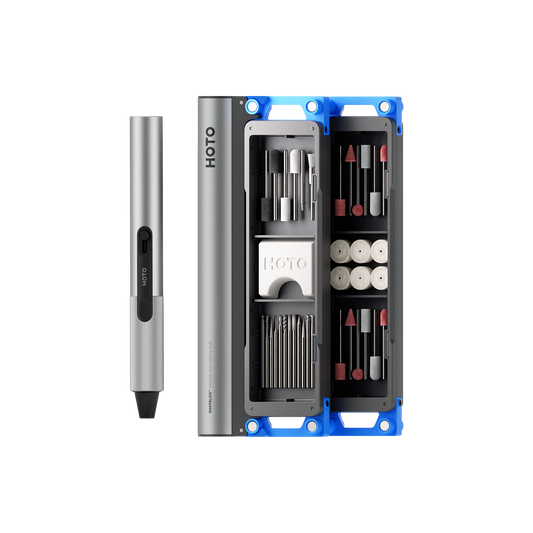 SNAPBLOQ™ R-A04 electric mini rotary tool kit with brushless motor, stepless speed control, cordless and corded operation, ergonomic lightweight design, and multiple accessory bits in a compact case.