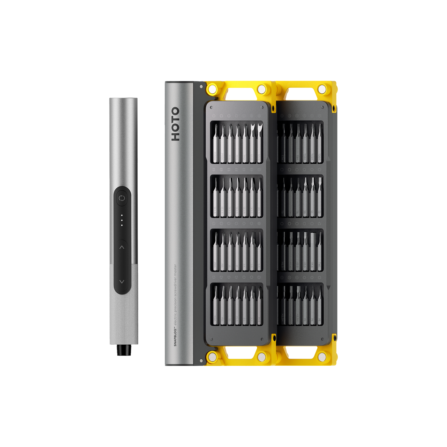 SNAPBLOQ™ S-A01 Electric Precision Screwdriver Master Set with brushless motor, adjustable torque settings, LED light, rechargeable battery, and multiple screwdriver bits.