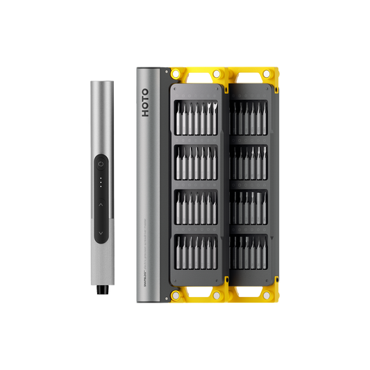 SNAPBLOQ™ S-A01 Electric Precision Screwdriver Master Set with brushless motor, adjustable torque settings, LED light, rechargeable battery, and multiple screwdriver bits.
