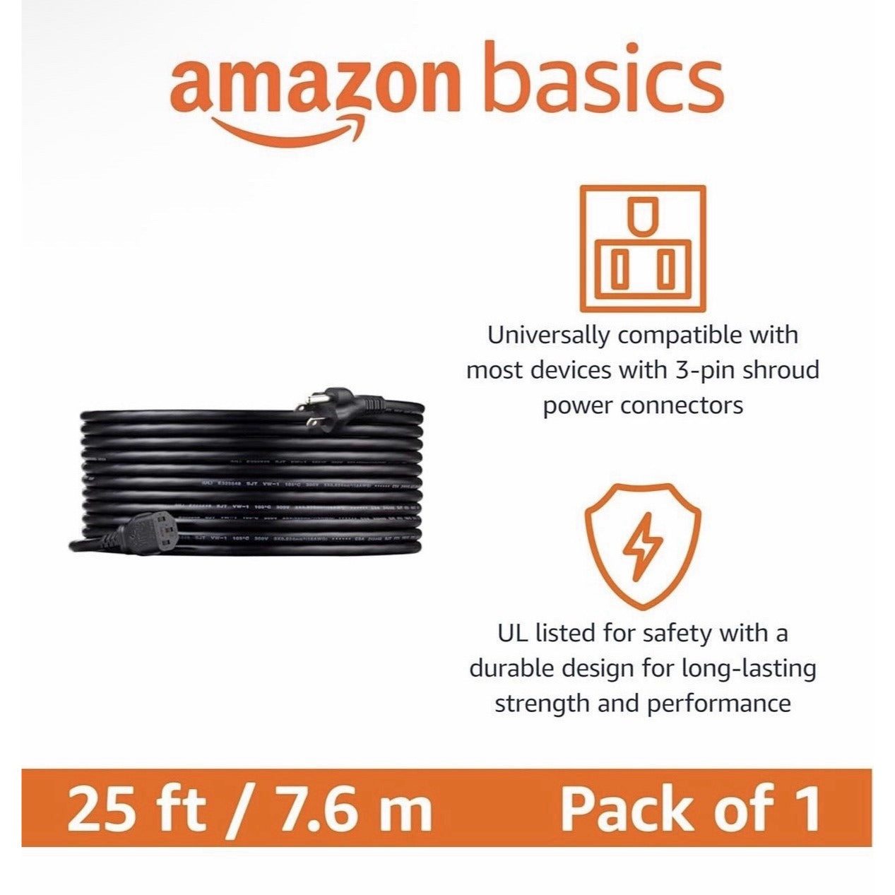25FT Amazon Basics 3 Prong AC Power Cord Cable