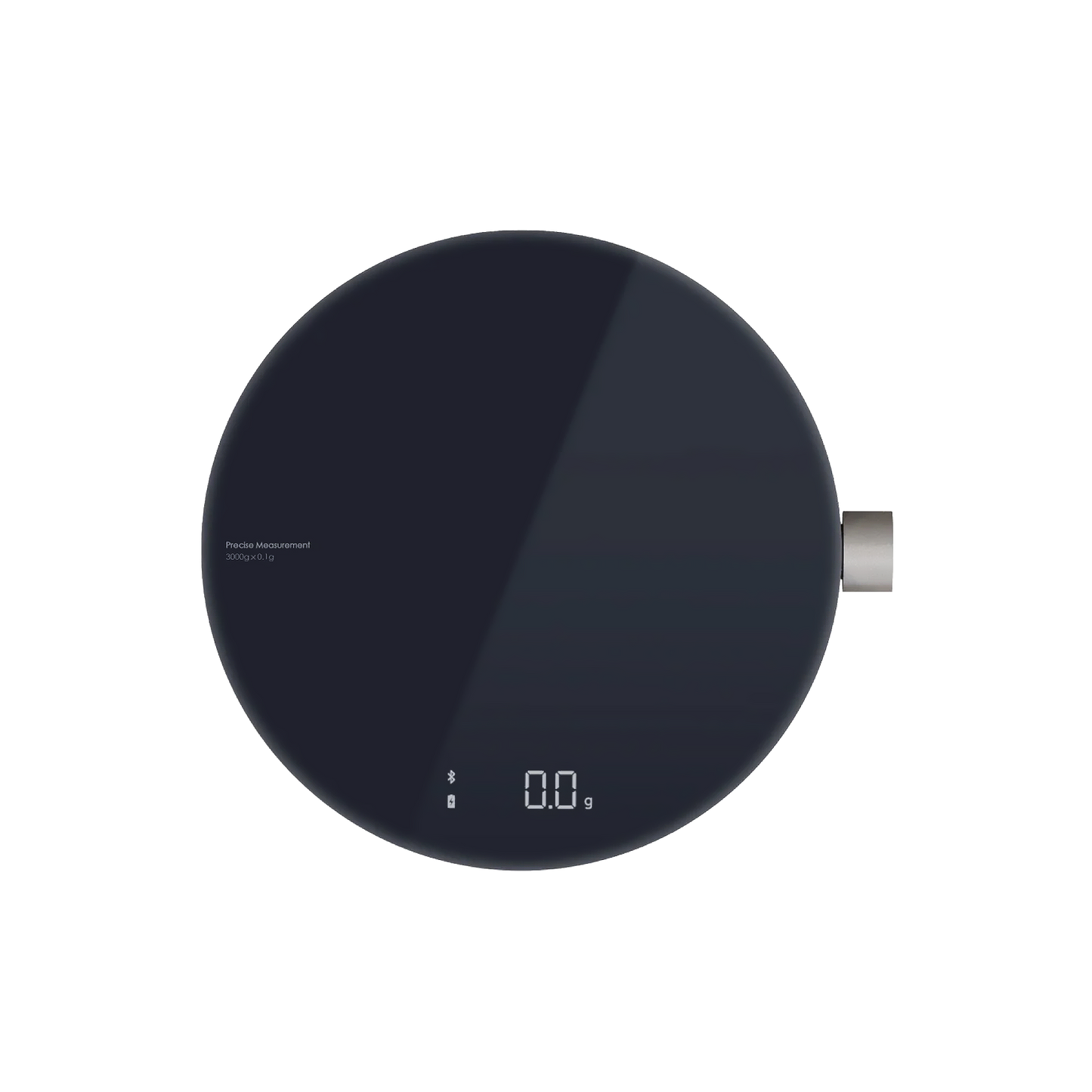 Black round smart kitchen scale with integrated LED screen displaying weight, precision measurement up to 3kg, and smart connectivity features.