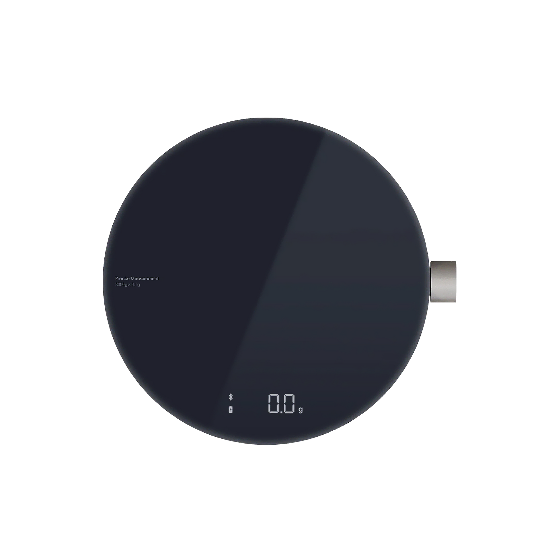 Black round smart kitchen scale with integrated LED screen displaying weight, precision measurement up to 3kg, and smart connectivity features.