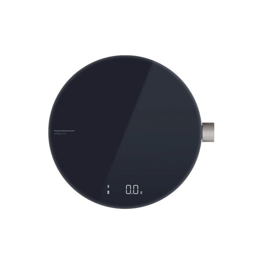 Black round smart kitchen scale with integrated LED screen displaying weight, precision measurement up to 3kg, and smart connectivity features.