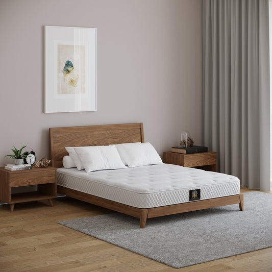 Sterling Eco-Luxury Natural Latex Mattress on wooden bed frame in modern minimalist bedroom setting