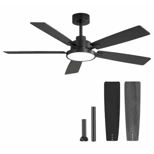52-inch black modern ceiling fan with dual-color blades and LED light