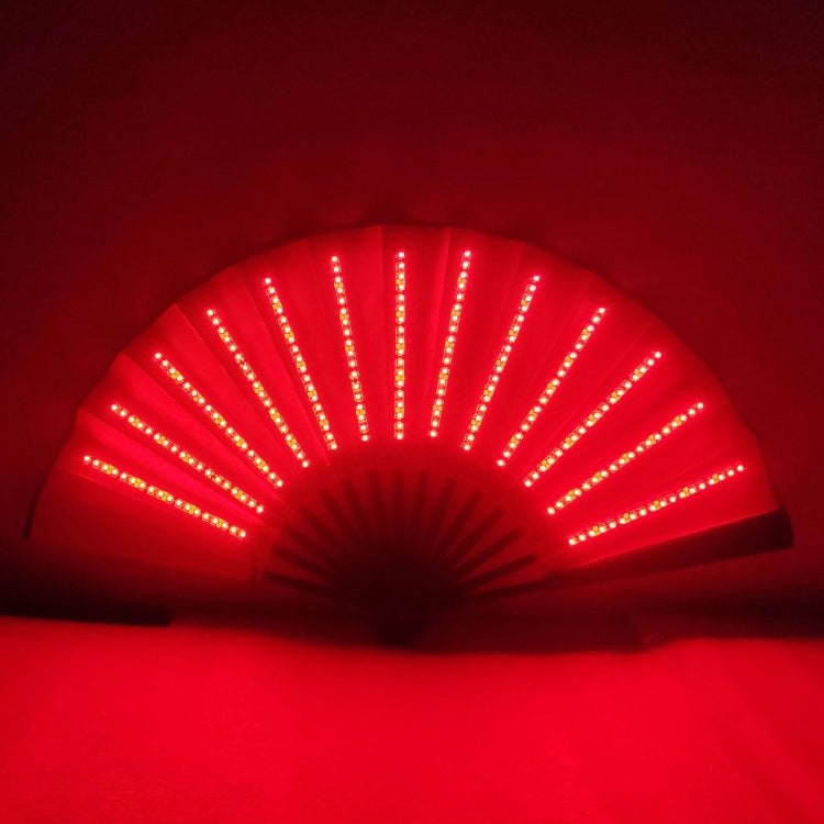 Red LED prom lighting folding fan bar with bamboo frame and silk cloth, featuring colorful atmosphere lights for parties and dances.