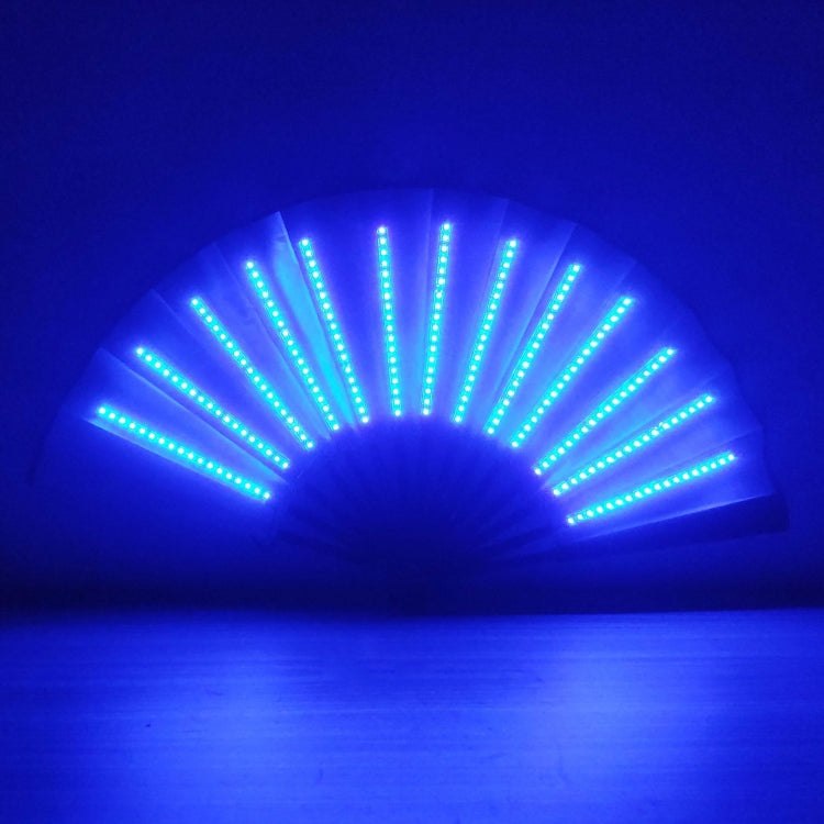 Blue LED prom lighting folding fan with bamboo frame and silk cloth, featuring bright blue LED strips for colorful party atmosphere.
