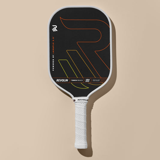 TORCH Reach Pickleball Paddle with black face, white grip, basalt fiber layer, designed for power, spin, and control, made in USA