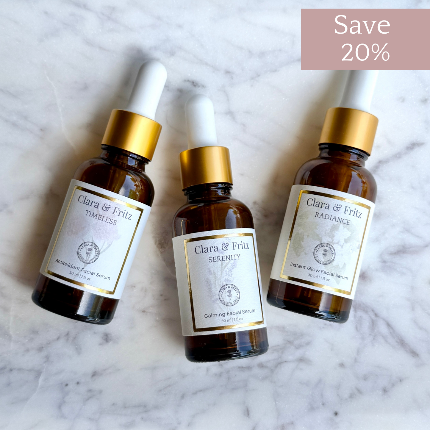 Clara & Fritz Serum Trio featuring Serenity Calming Facial Serum, Radiance Instant Glow, and Timeless Antioxidant Serums with 20% savings.