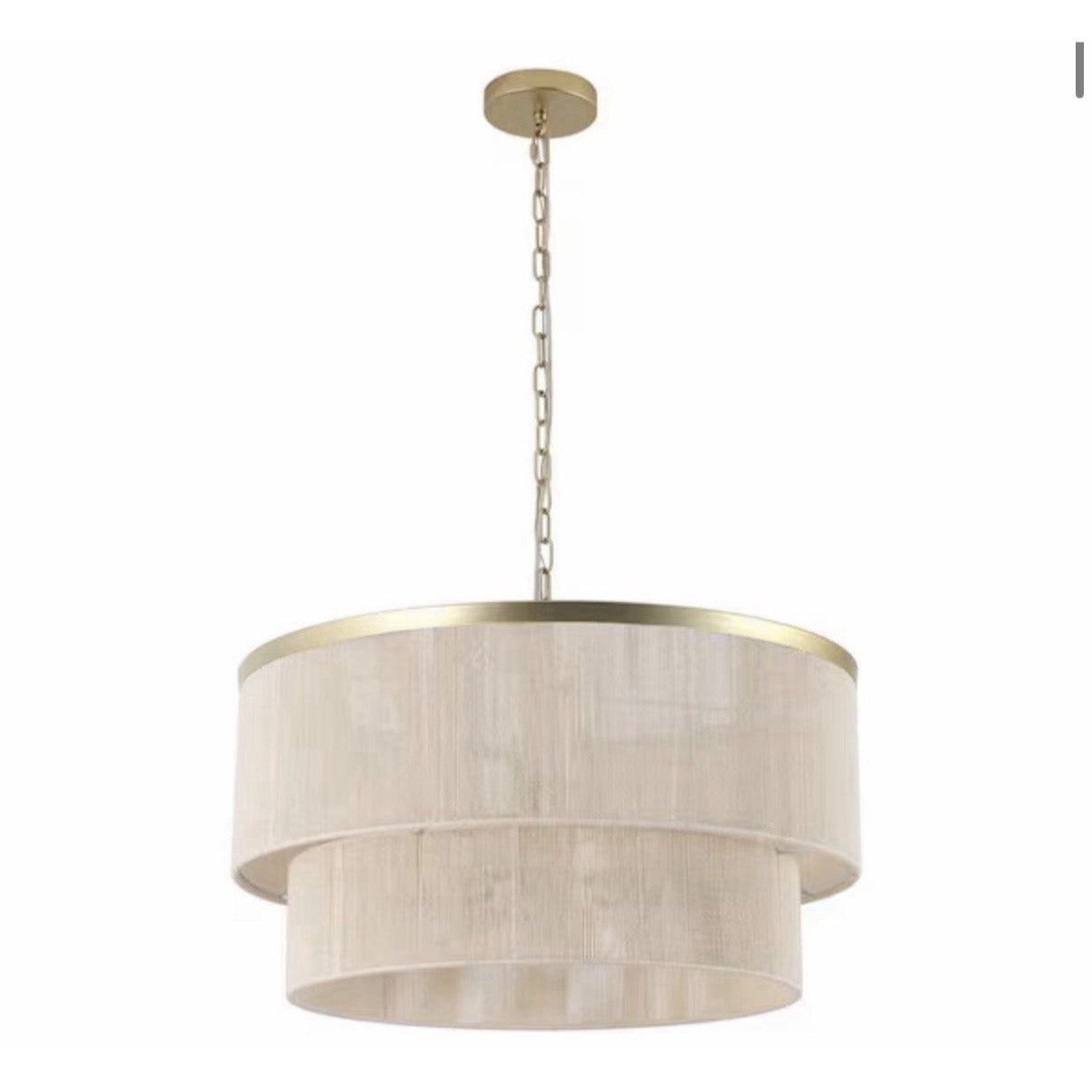 MLiAN 23.8 in. 6-light beige hand woven drum chandelier with brushed gold frame and double-tier rope shades