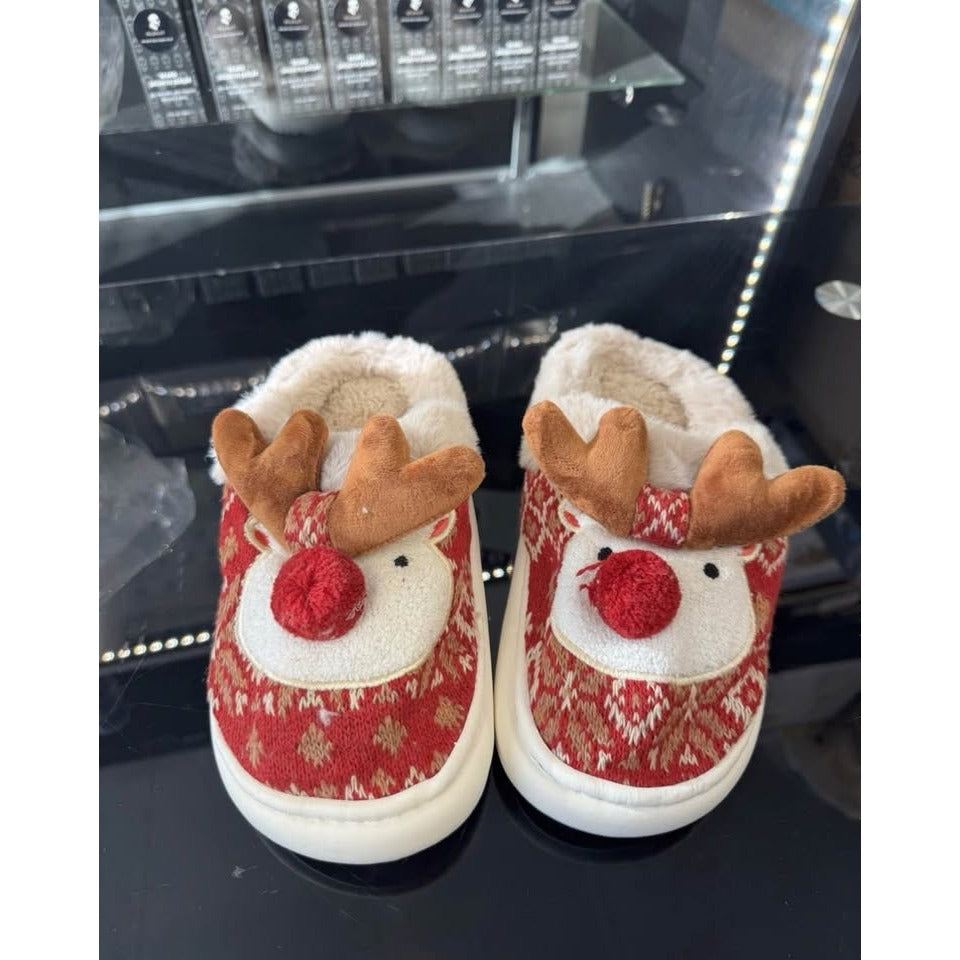 Christmas Cartoon -Lined Warm And Comfortable Round-Toe Slippers, Size 6