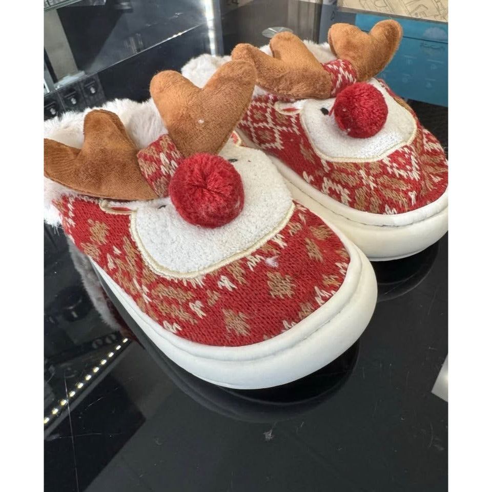 Christmas Cartoon -Lined Warm And Comfortable Round-Toe Slippers, Size 6