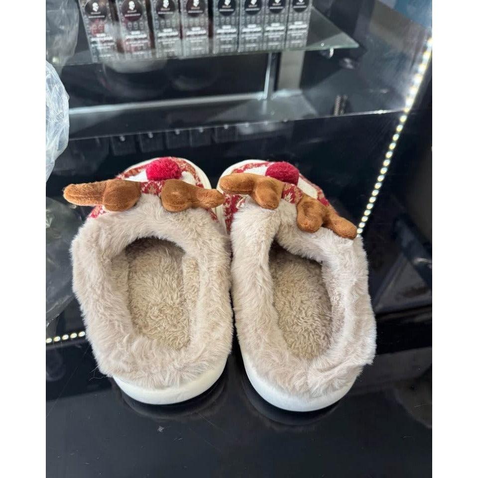 Christmas Cartoon -Lined Warm And Comfortable Round-Toe Slippers, Size 6