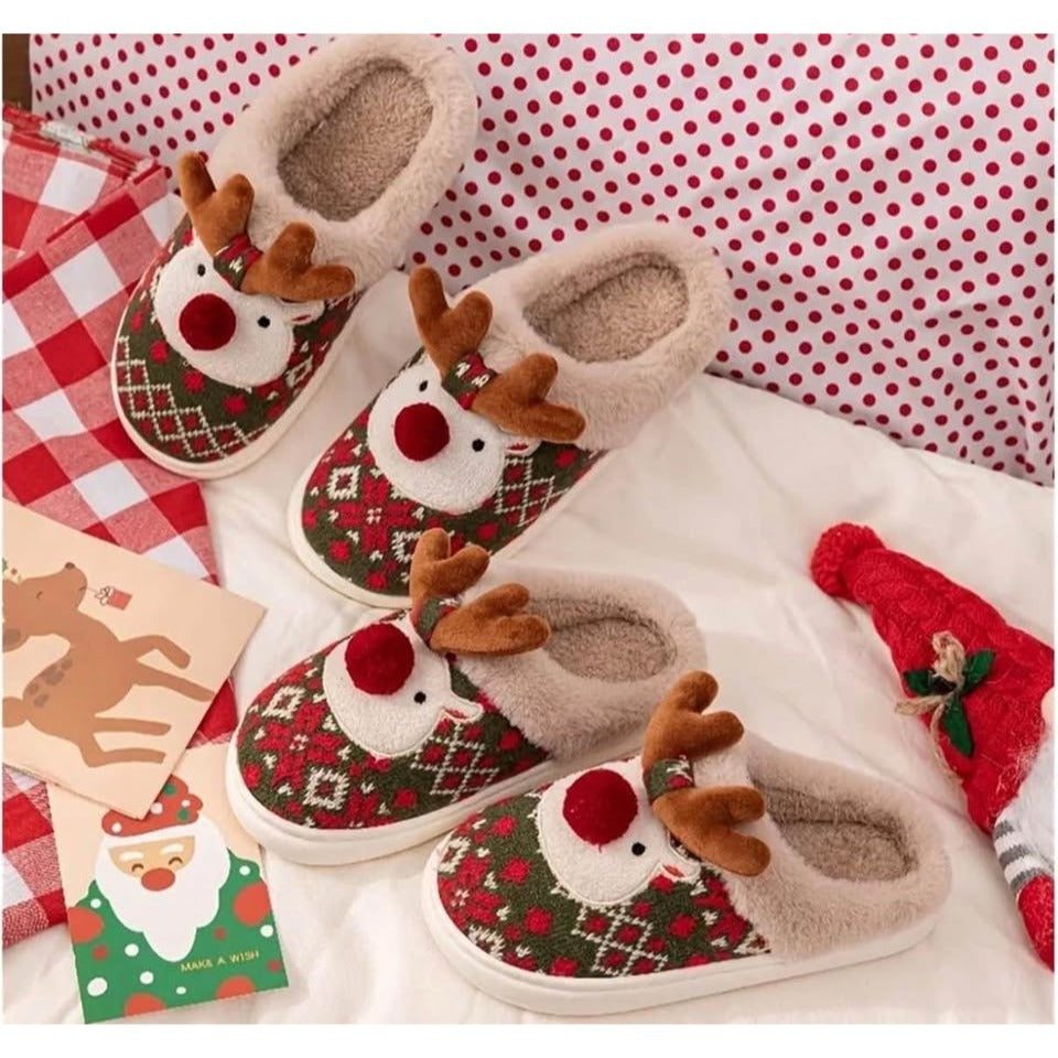 Christmas Cartoon -Lined Warm And Comfortable Round-Toe Slippers, Size 6