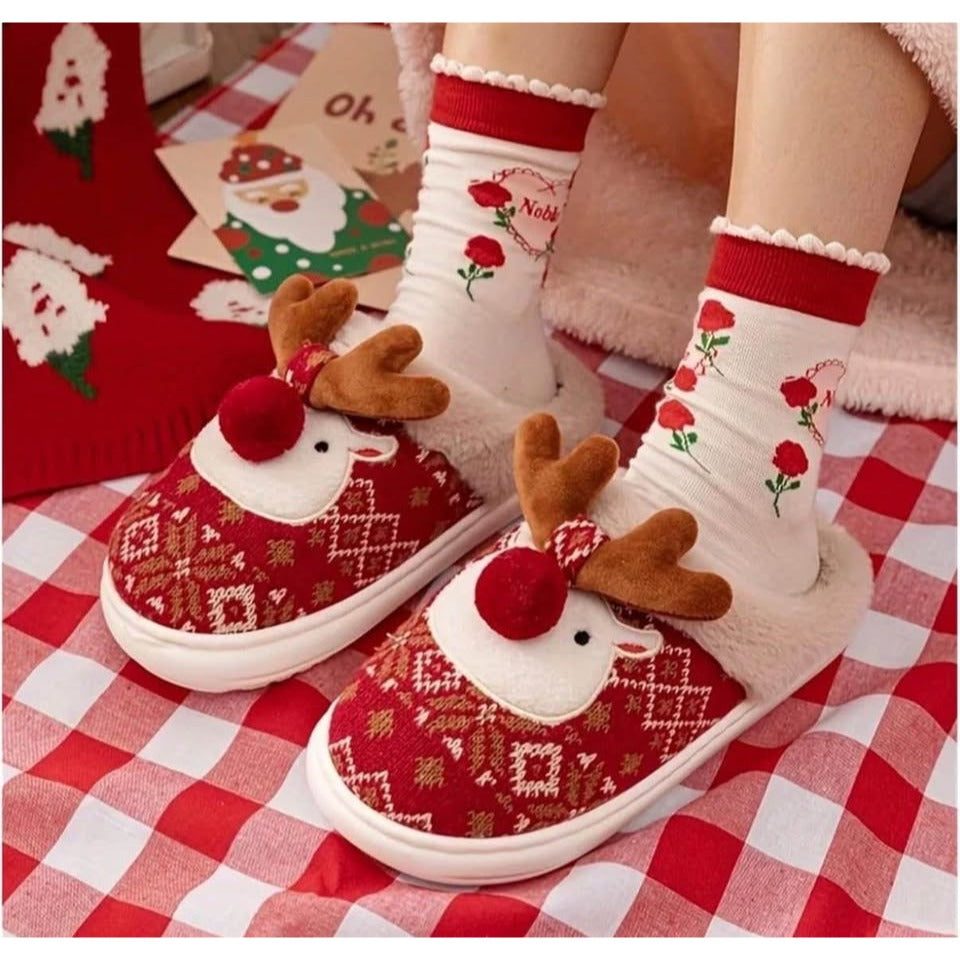 Christmas Cartoon -Lined Warm And Comfortable Round-Toe Slippers, Size 6