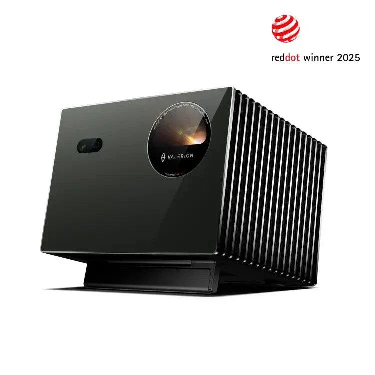Valerion VisionMaster Pro 2 & Pro 4K RGB triple laser projector with 2500-3000 ISO Lumens, 110% Rec.2020 color gamut, 15,000:1 contrast ratio, Google TV OS, and Red Dot 2025 award
