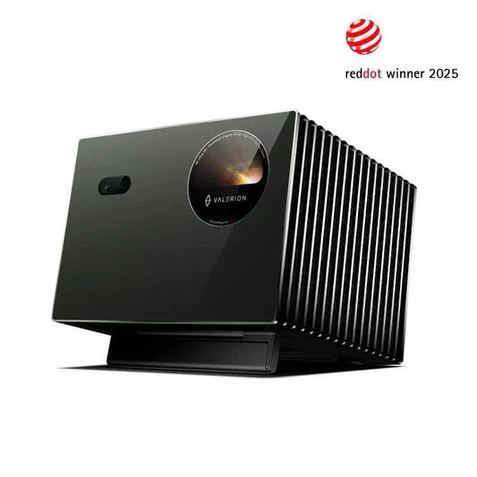 Valerion VisionMaster Pro 2 & Pro 4K RGB triple laser projector with 2500-3000 ISO Lumens, 110% Rec.2020 color gamut, 15,000:1 contrast ratio, Google TV OS, and Red Dot 2025 award