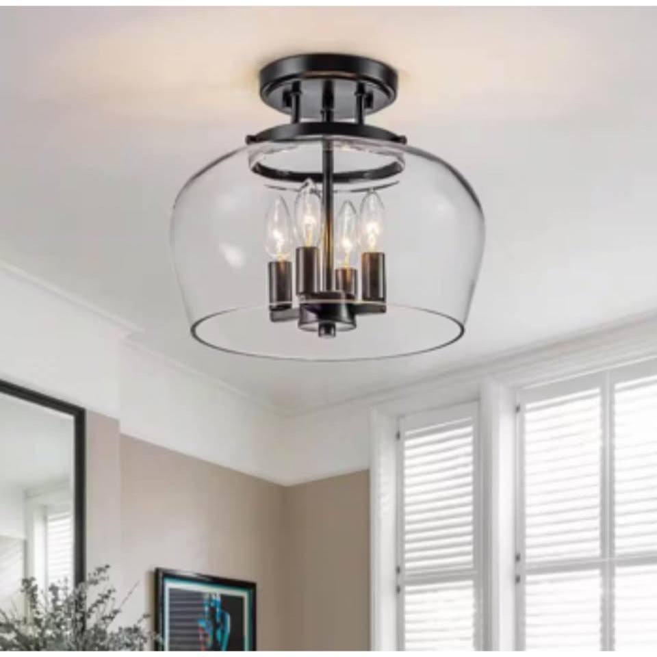 EDISLIVE Kost 13.2 in. 4-light black semi-flush mount with clear glass shade and farmhouse style