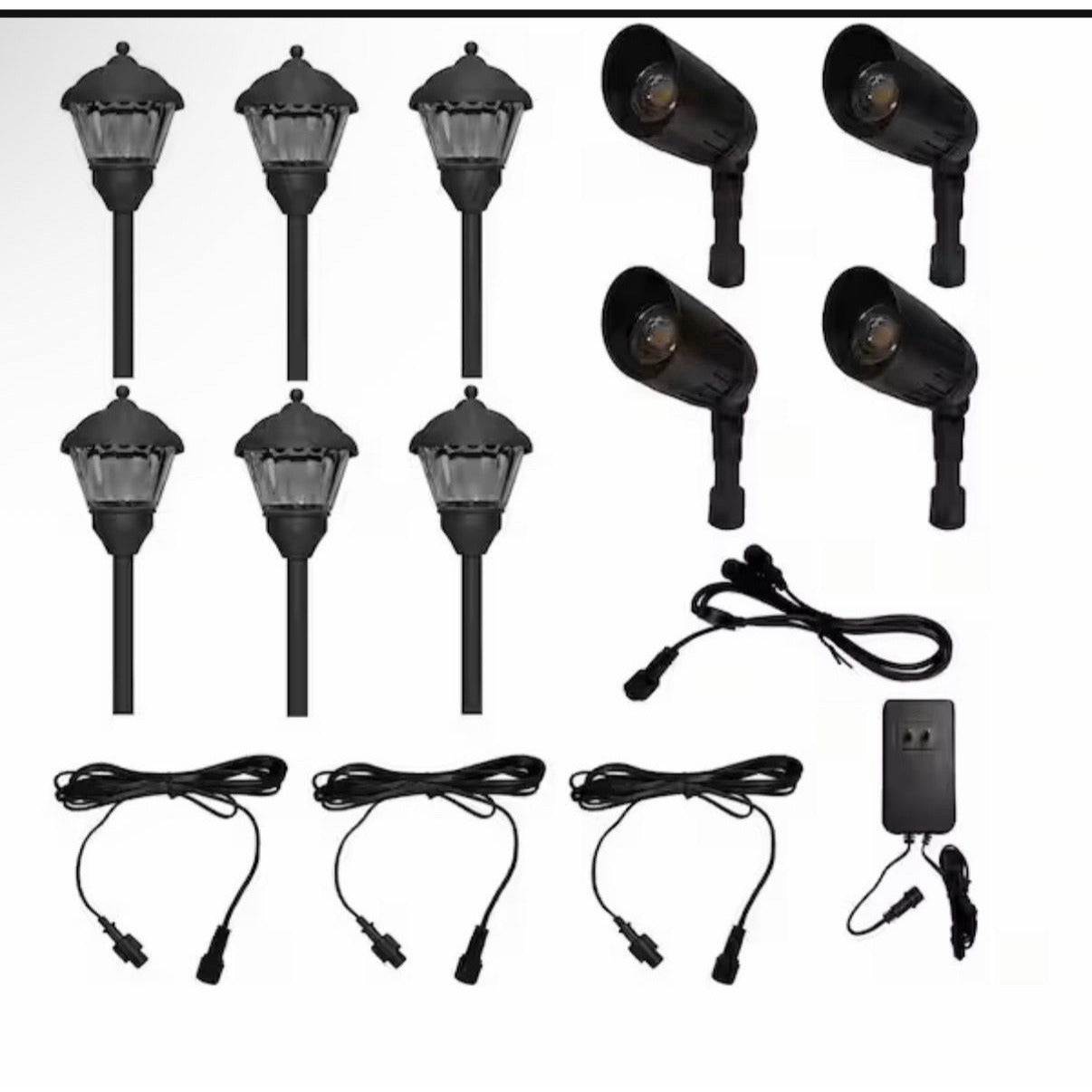 Low voltage landscape lighting combo set with LED path and spotlights, pre-wired for easy dusk to dawn installation