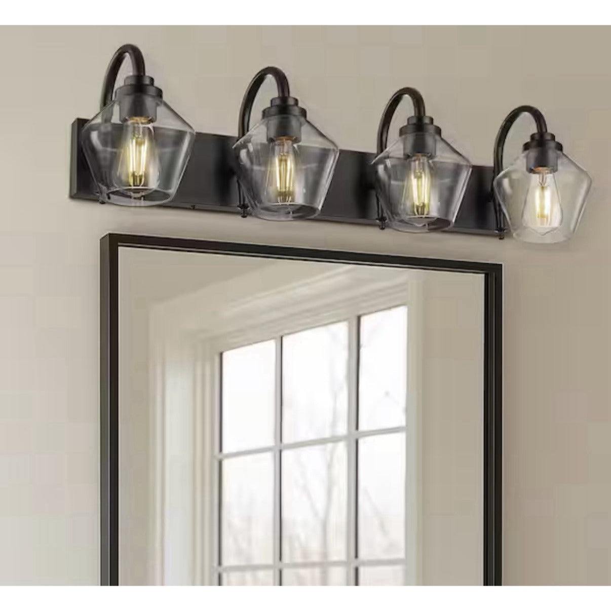 JAZAVA 31.9 in. black 4-light vanity light with clear glass shades and curved arms