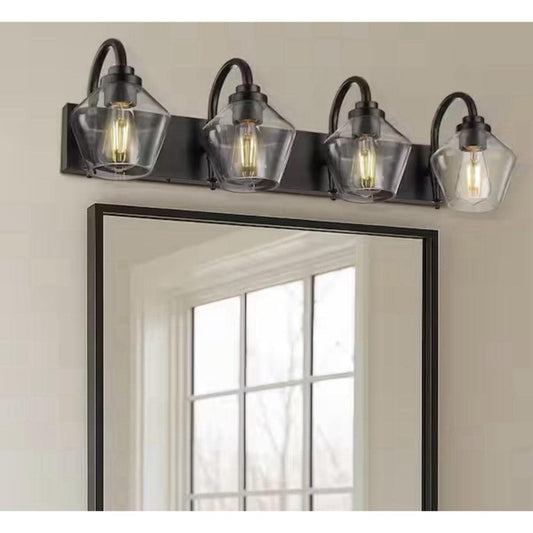JAZAVA 31.9 in. black 4-light vanity light with clear glass shades and curved arms