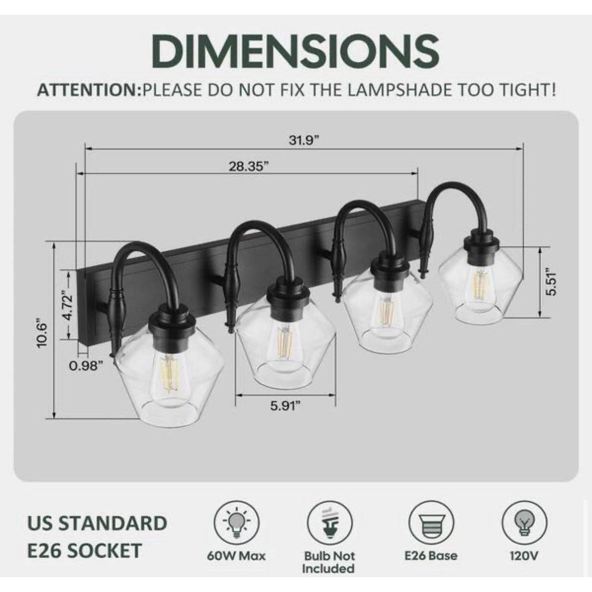 JAZAVA 31.9 in. 4 Light Black Vanity Light with Clear Glass Shade