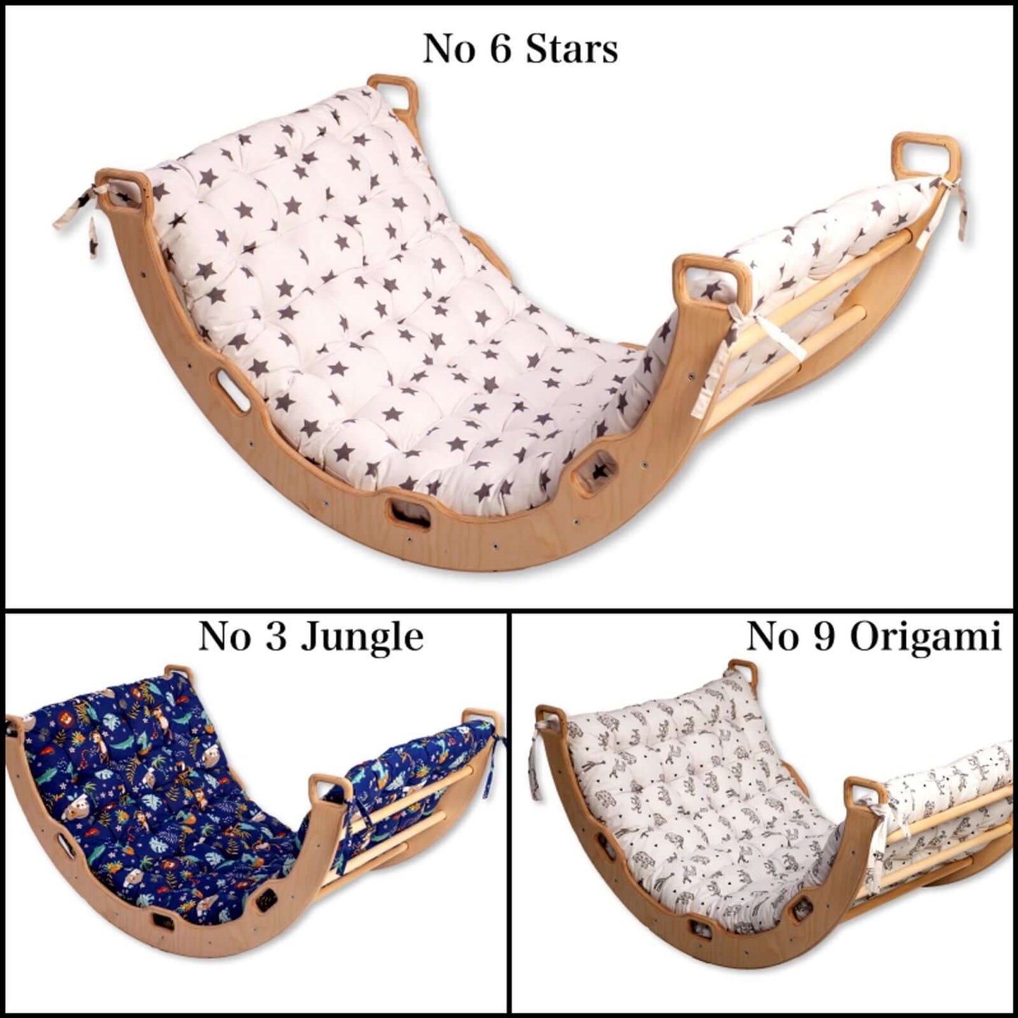 Pillow for small climbing arch with blue jungle animal pattern, made of 100% natural cotton for comfort and safety