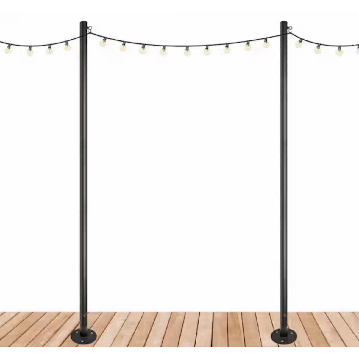 Two black steel string light poles extending to 10 feet with wall brackets for deck installation