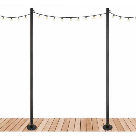 Two black steel string light poles extending to 10 feet with wall brackets for deck installation