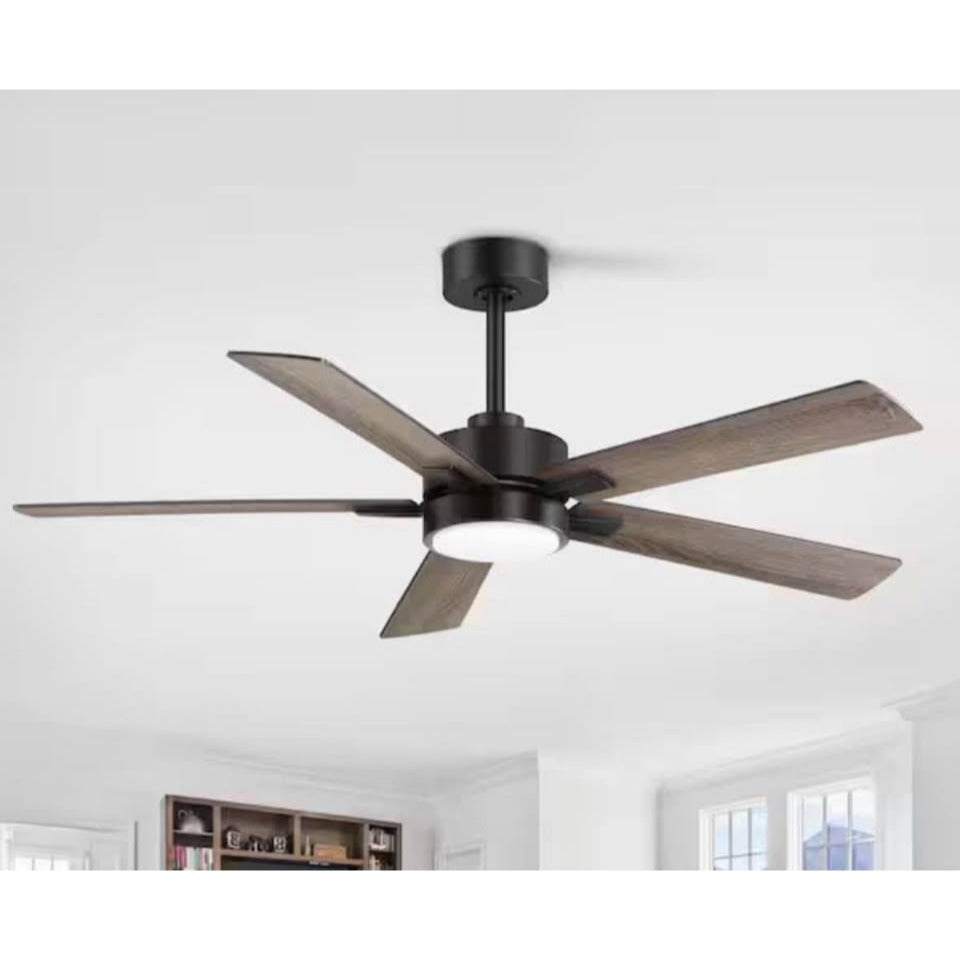 Indoor black ceiling fan with 52-inch blades and adjustable white LED light
