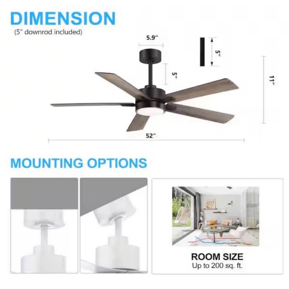 Flashwind Walter 52 in. Indoor Black Ceiling Fan with Adjustable White LED Light, 5-Reversible Blade