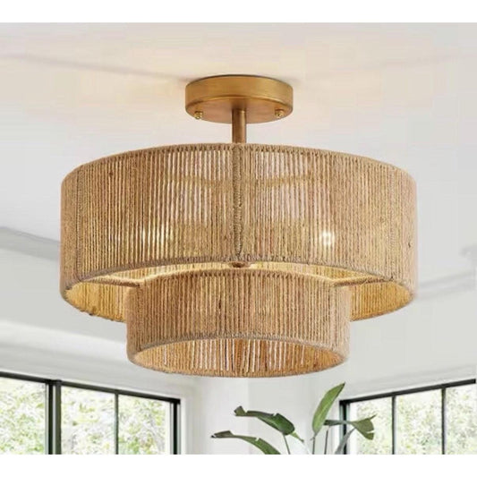 Bohemian antique gold 3-light two-tier semi-flush mount ceiling light with jute rope shade