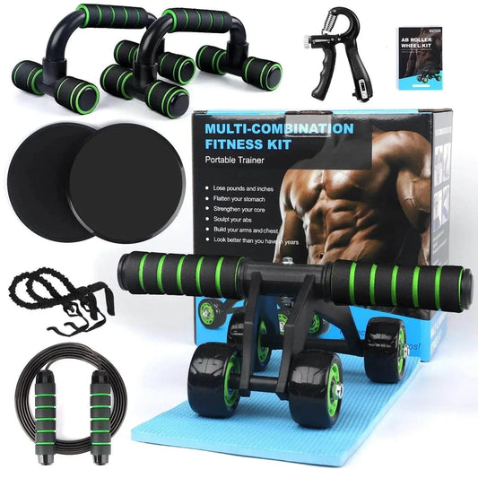 10-in-1 Fitness Kit with ab roller, push-up bars, resistance bands, core sliders, and jump rope