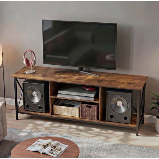 17 stories Nectaria 55 inch industrial TV stand with open shelves for 65 inch TVs and cable management