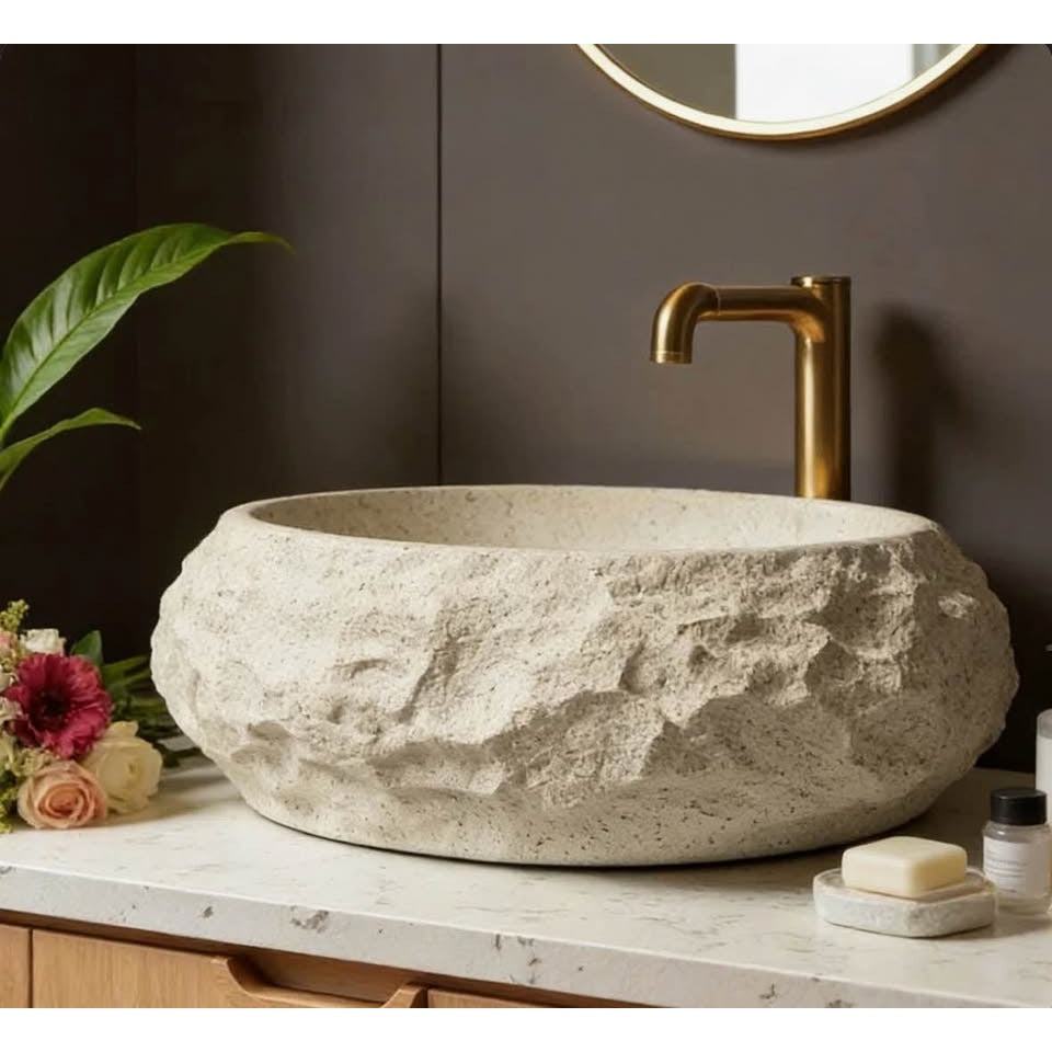 20'' irregular oval beige bathroom sink with stone texture and durable resin vessel design