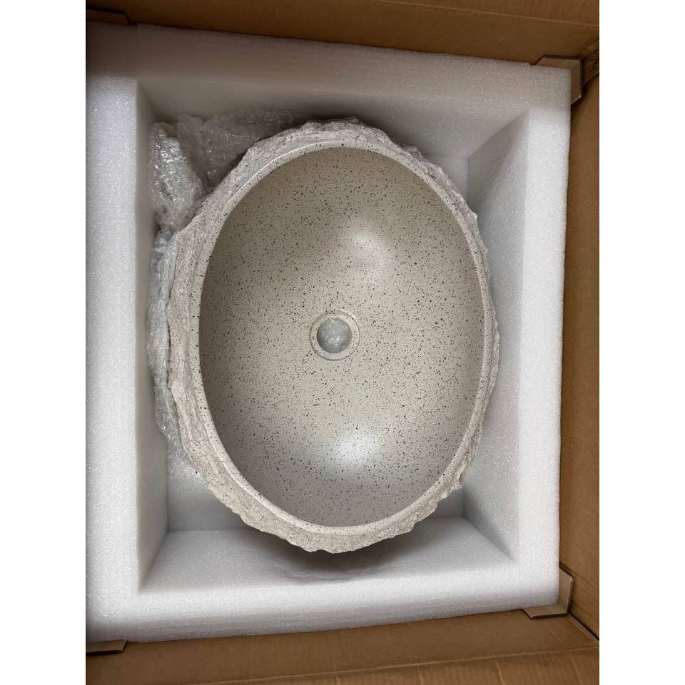 20'' Irregular Oval Bathroom Sink with Stone Texture, Resin Vessel Sink Beige
