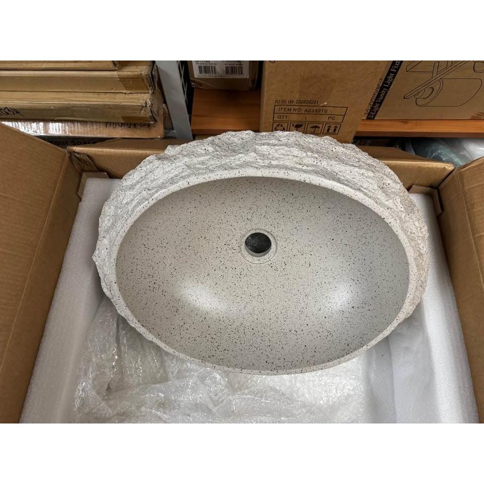 20'' Irregular Oval Bathroom Sink with Stone Texture, Resin Vessel Sink Beige