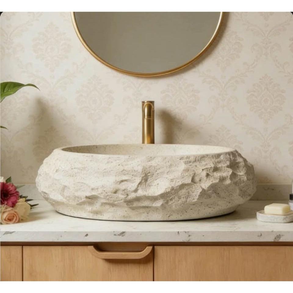 20'' Irregular Oval Bathroom Sink with Stone Texture, Resin Vessel Sink Beige