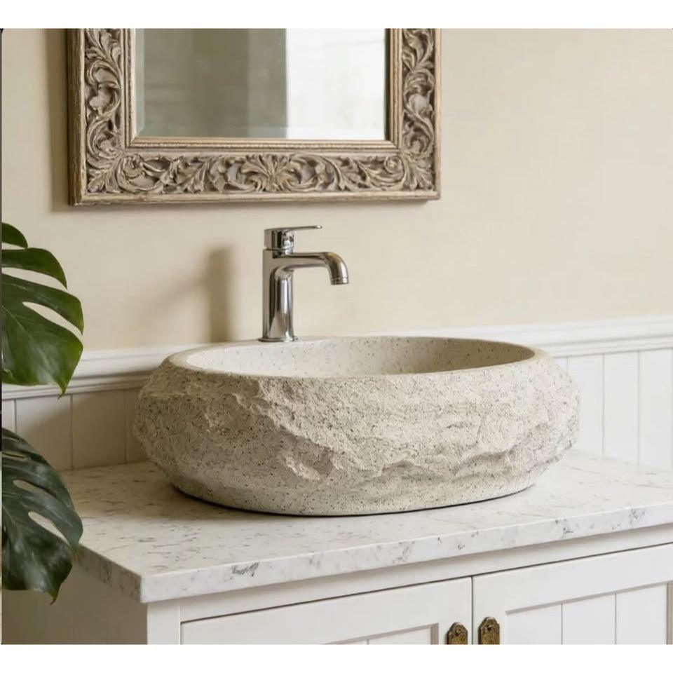20'' Irregular Oval Bathroom Sink with Stone Texture, Resin Vessel Sink Beige